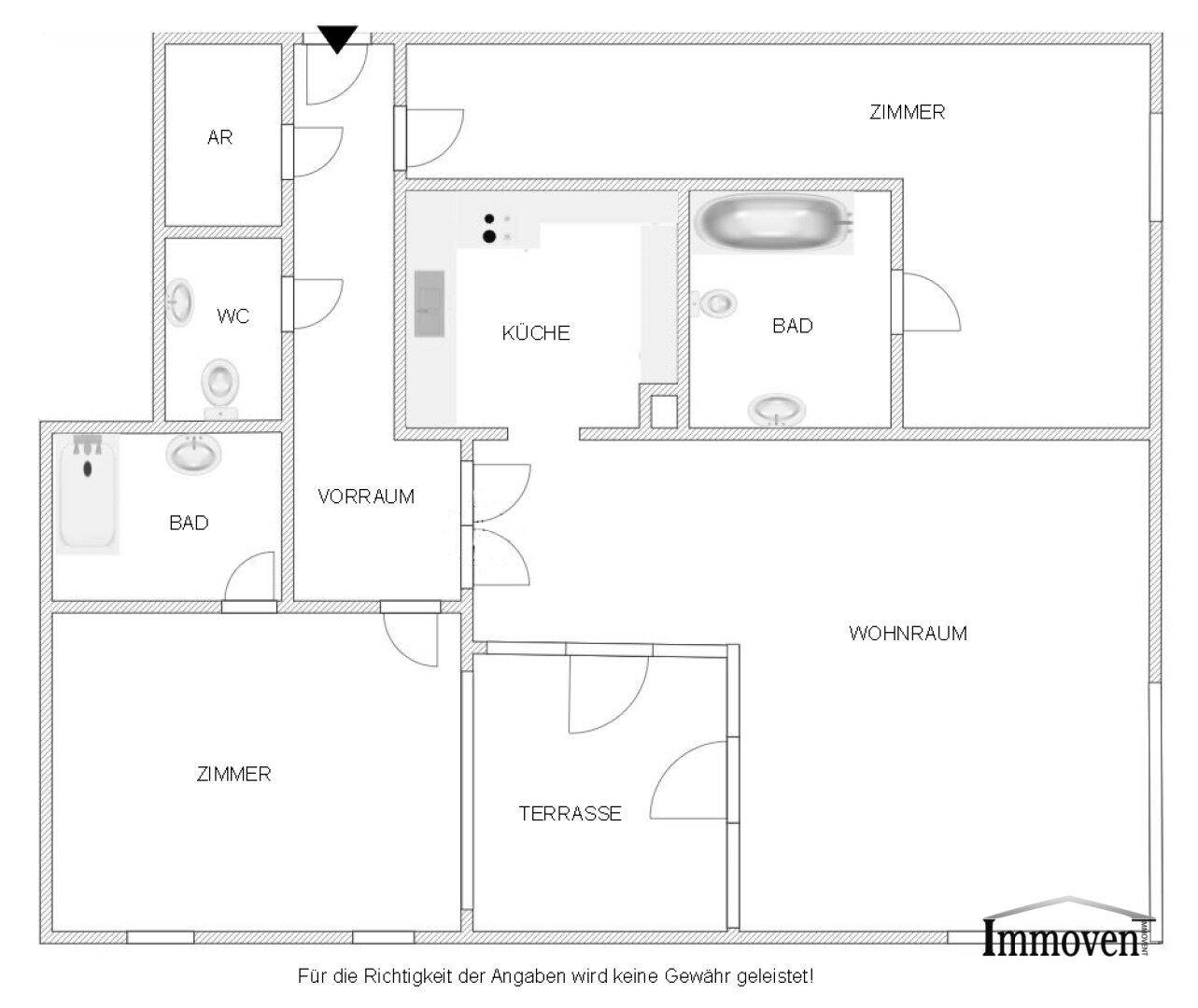 Grundriss der Wohnung mit drei Zimmern, zwei Bädern und einer Terrasse.
