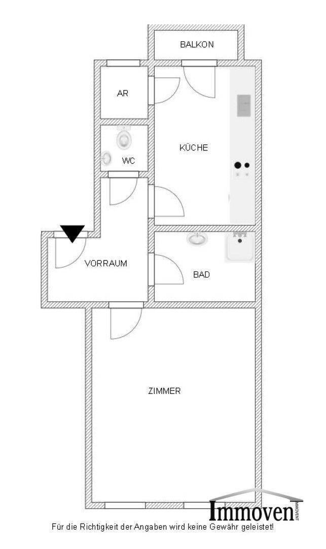 Grundrissplan einer Wohnung mit Balkon, Küche, Bad, WC und einem Zimmer.