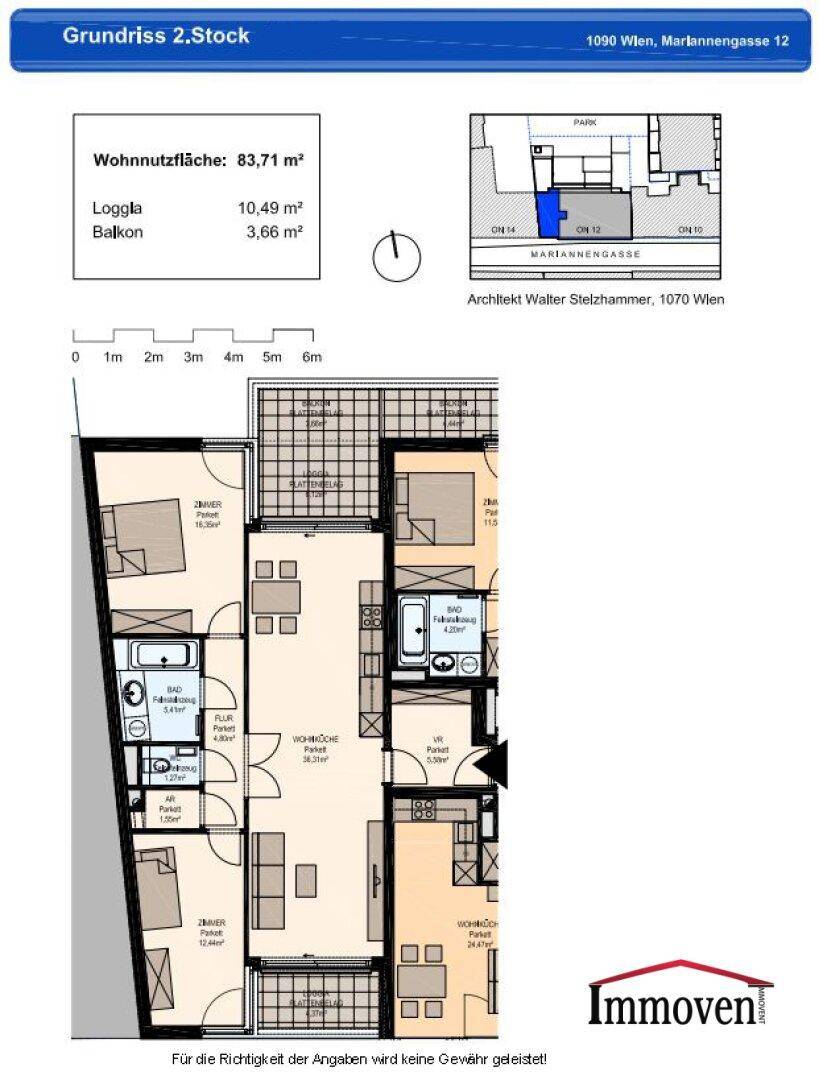 Grundriss des 2. Stocks mit einer Wohnnutzfläche von 83,71 m² inklusive Loggia und Balkon.