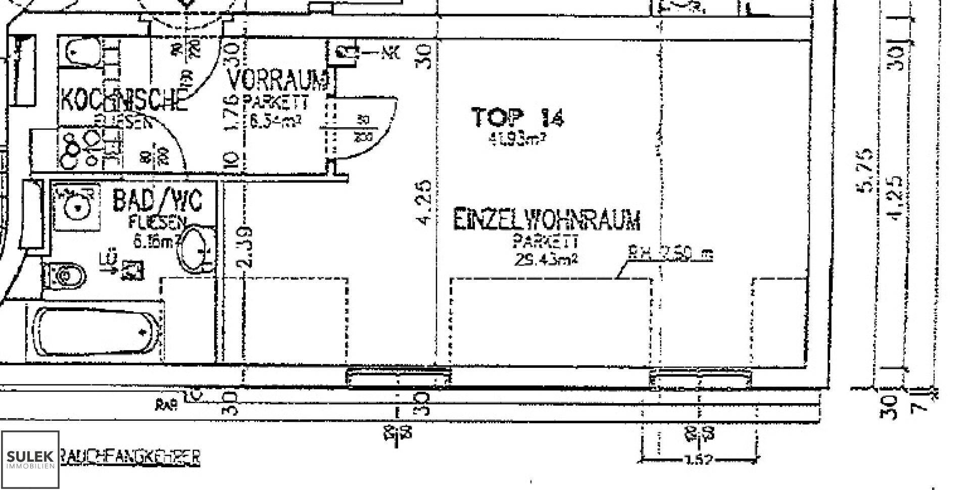 Grundriss des Apartments "TOP 14" mit separater Kochnische, Bad/WC und einem Einzelwohnraum.