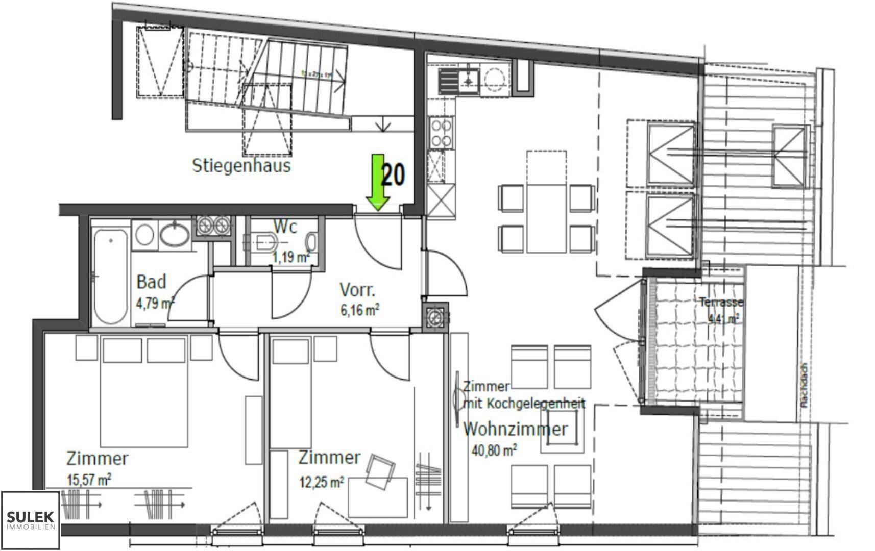 Grundriss der Wohnung mit drei Zimmern, offener Küche und Terrasse.
