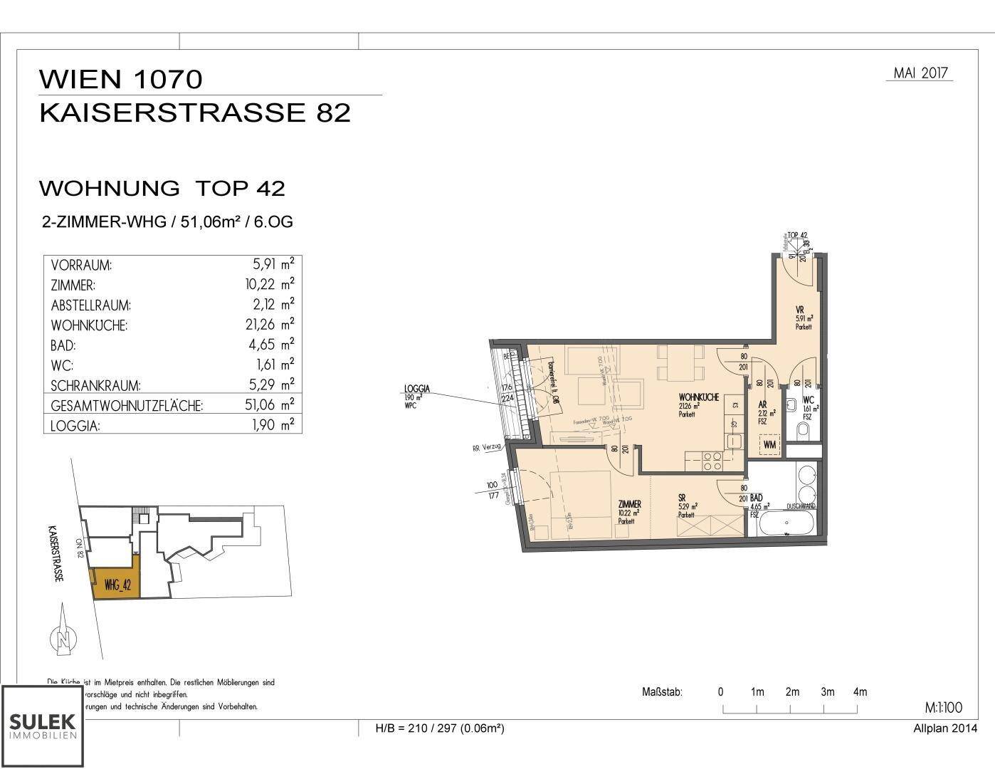 Grundriss der Wohnung Top 42 mit 2 Zimmern und Loggia auf 51,06 m².