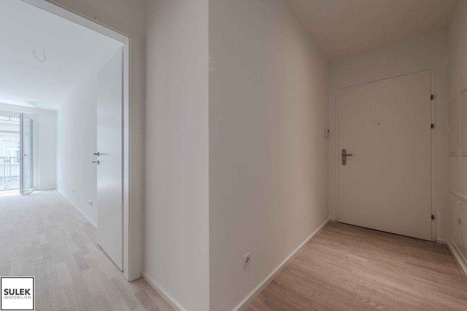 Eingangsbereich mit heller Holztür und Parkettboden, der zu den Wohnräumen führt.