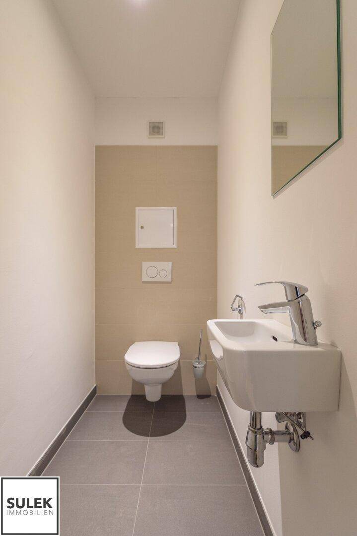 Separates Gäste-WC mit wandhängender Toilette, kleinem Waschbecken und modernen Fliesen.