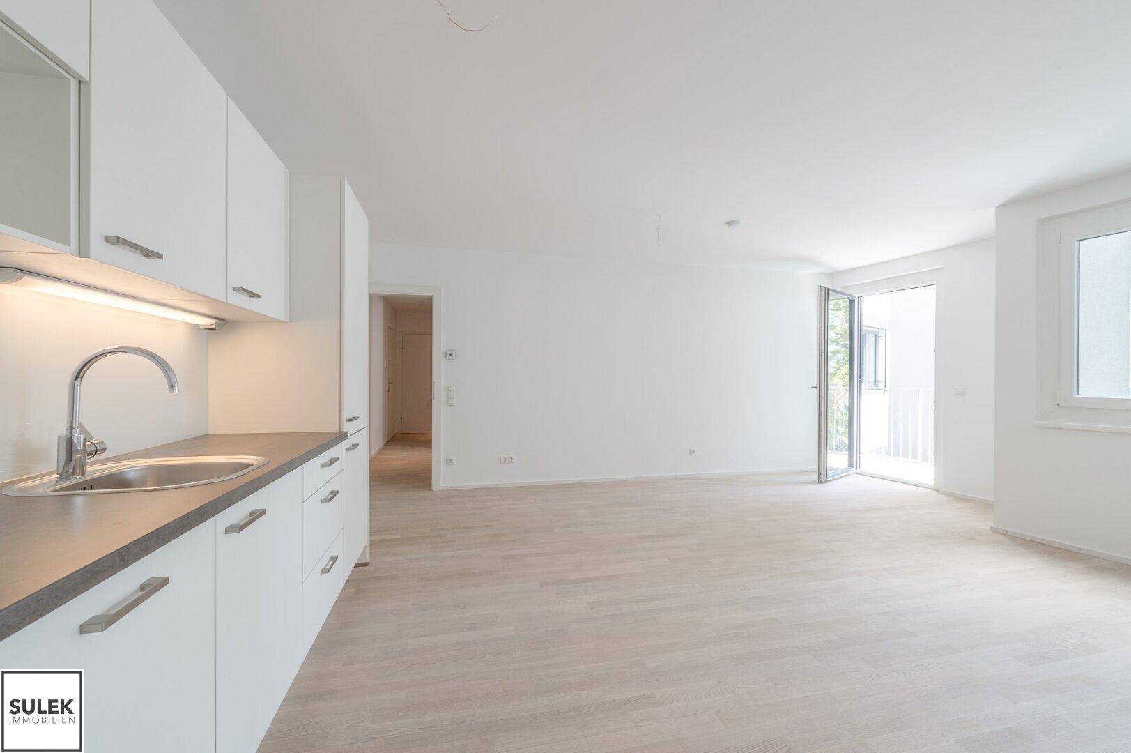 Heller, offener Wohnbereich mit integrierter Küchenzeile, hellem Holzboden und Zugang zum Balkon.