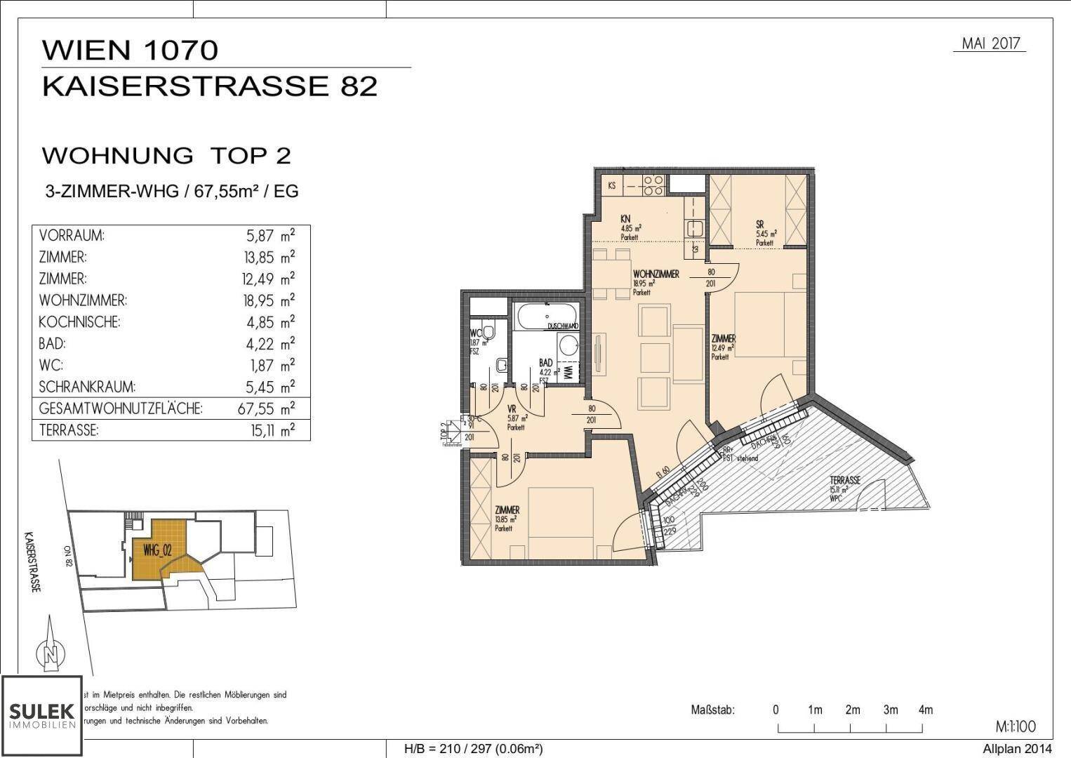 Detaillierter Grundriss einer 3-Zimmer-Wohnung mit Terrasse und einer Gesamtfläche von 67,55 m².