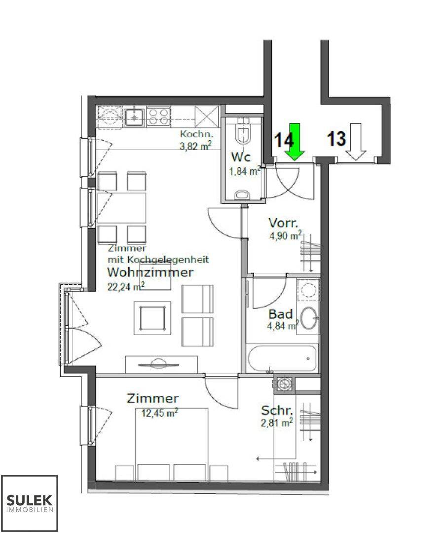 Grundriss einer Wohnung mit Wohnzimmer, Küche, Schlafzimmer und Badezimmer, inklusive Flächenangaben.