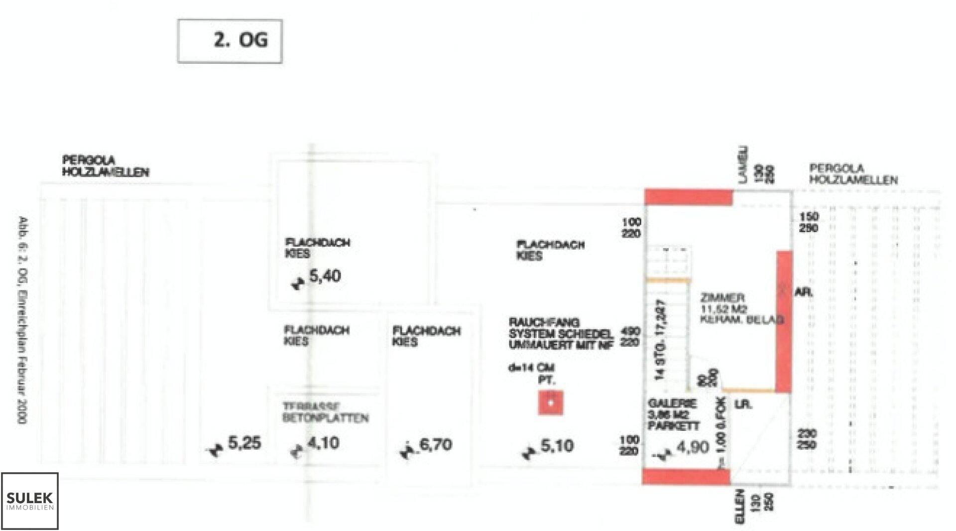 Grundriss des zweiten Obergeschosses mit Zimmer, Galerie und Zugang zu Flachdachbereichen.