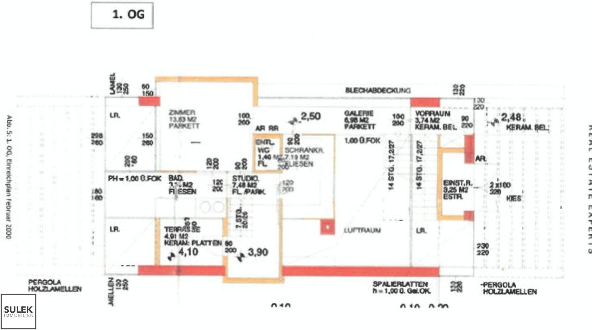 Grundriss des ersten Obergeschosses mit Zimmern, Studio, Galerie und Terrasse.