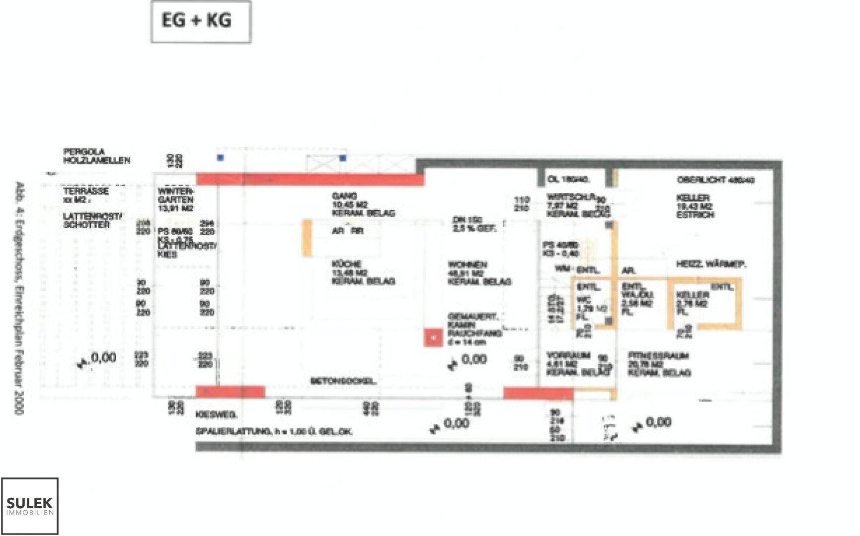 Grundriss des Erdgeschosses und Kellers mit offener Küche, Wohnbereich und Wintergarten.