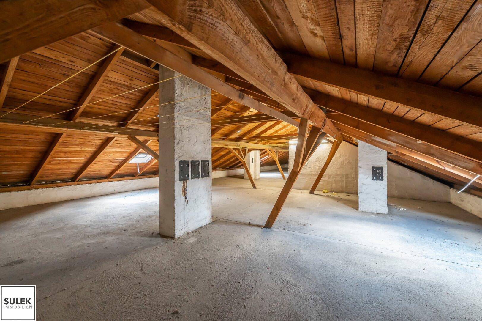 Heller Dachboden mit sichtbaren Holzbalken und Betonboden, ideal für zukünftige Nutzung.
