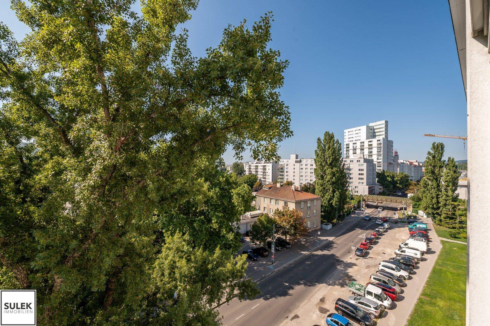Panoramablick über die Stadt mit Straßen, Parkplätzen und hohen Bäumen.