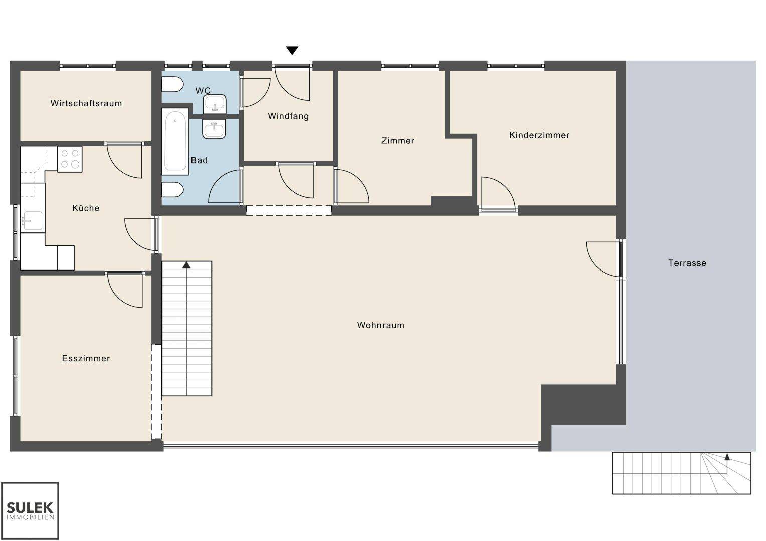 Grundriss zeigt eine Wohnung mit Wohnraum, Esszimmer, Küche, Bad, separatem WC, drei weiteren Zimmern und einer Terrasse.