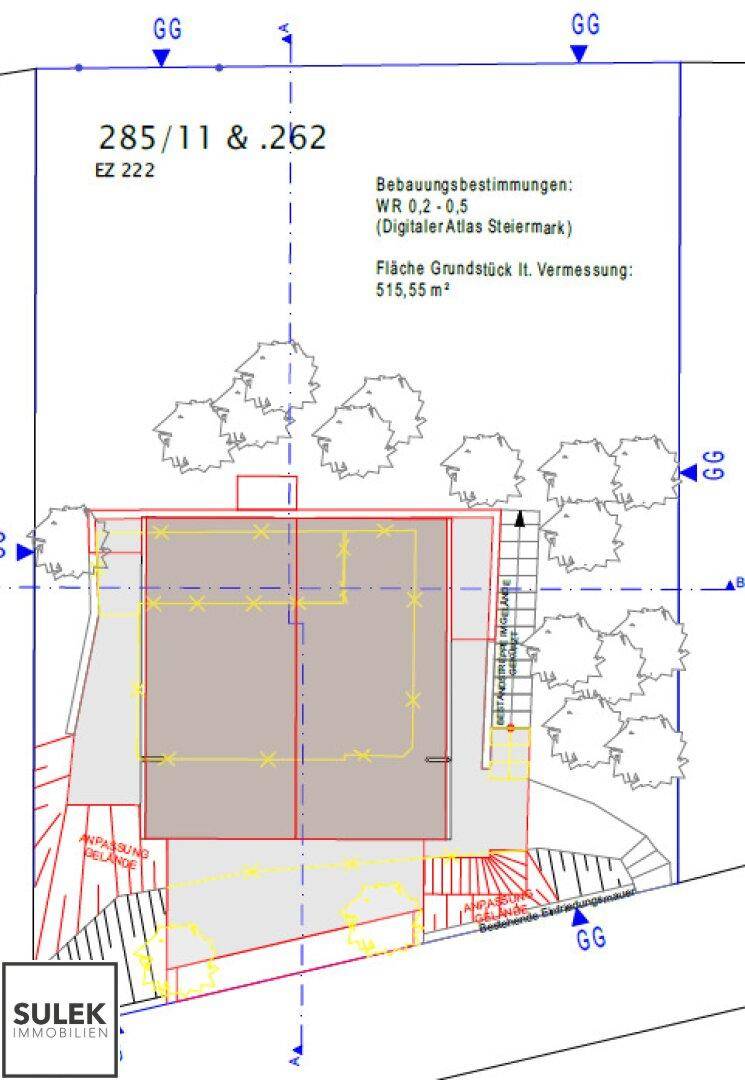 Lageplan des Grundstücks mit eingezeichnetem Gebäudegrundriss und Bebauungsgrenzen.