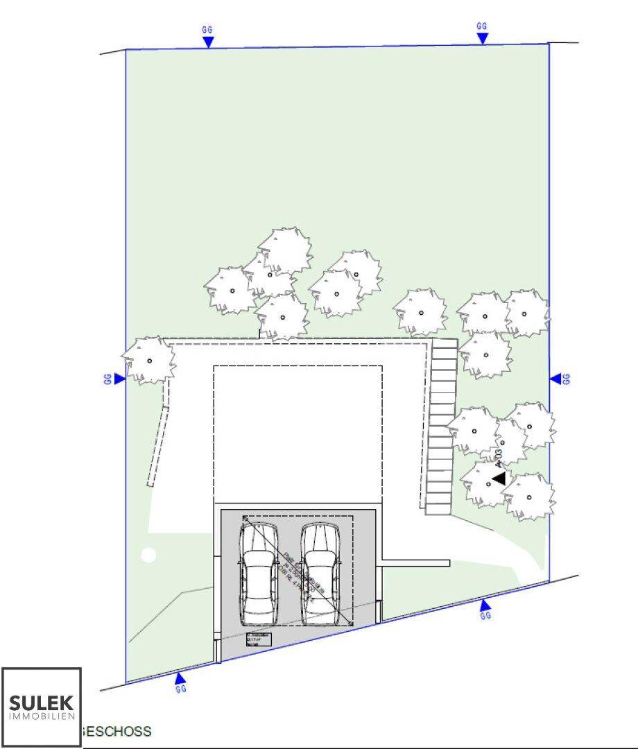 Grundriss des Untergeschosses mit Doppelgarage, Abstellraum und Treppenzugang.