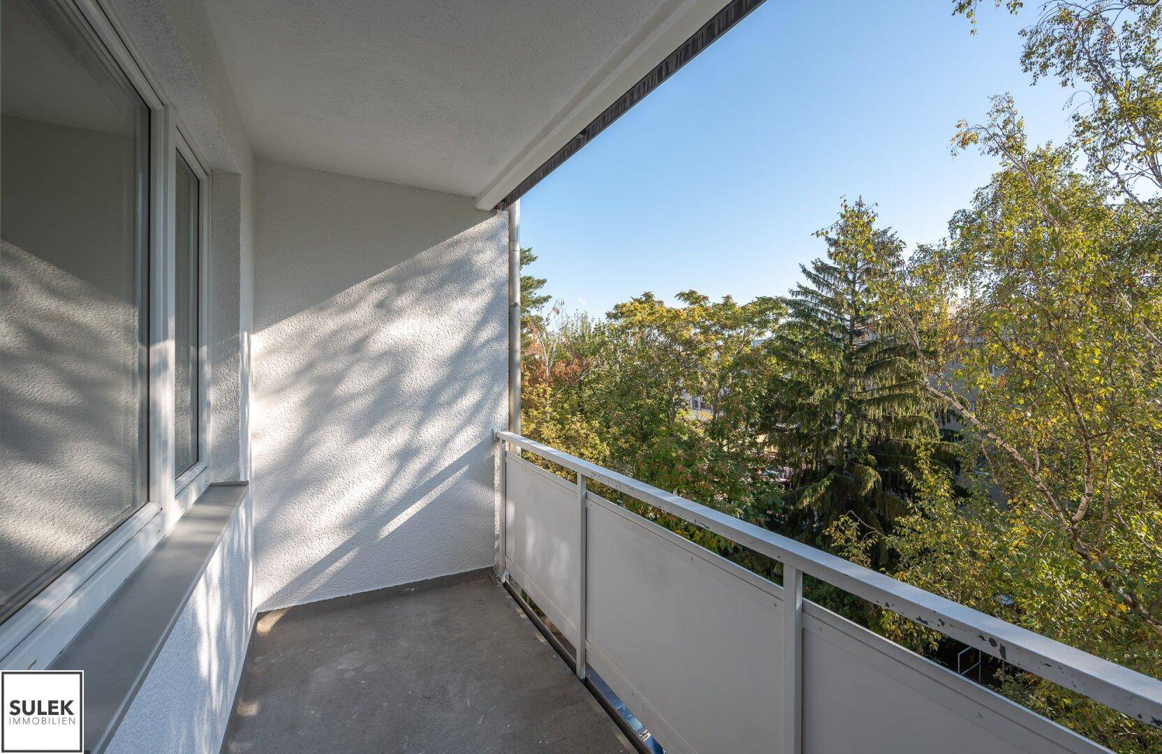 Heller Balkon mit Blick ins Grüne und viel Sonnenlicht, ideal zum Entspannen im Freien.