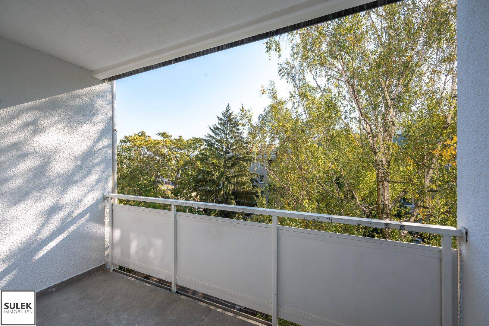 Balkon mit weitem Blick auf die umliegenden Bäume und viel Tageslicht.