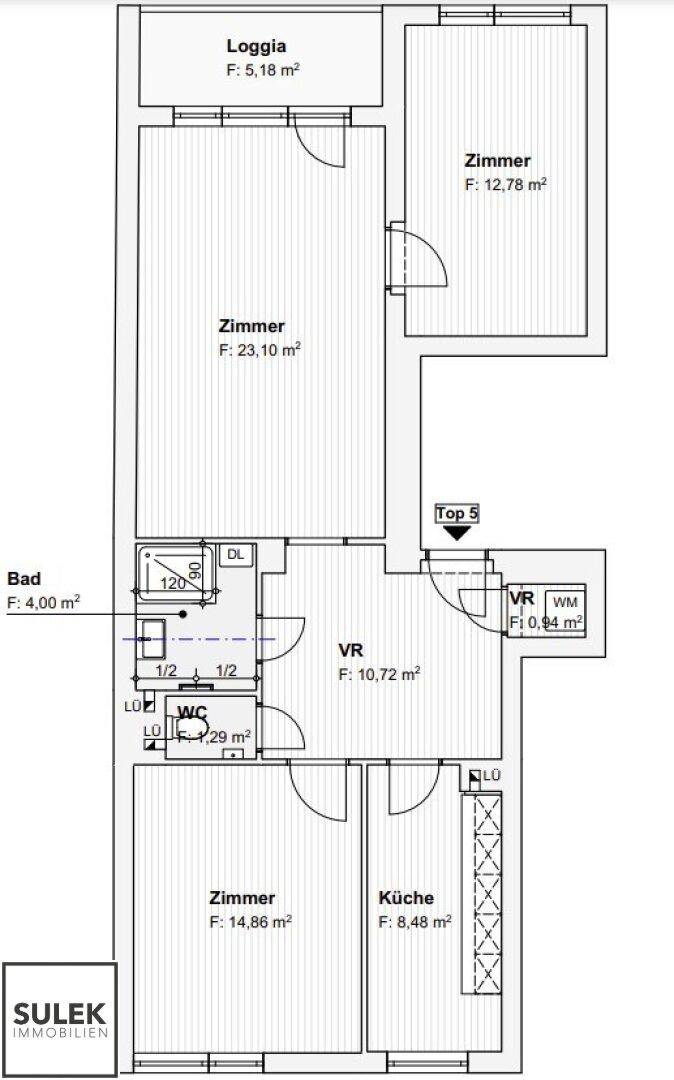 Grundriss der Wohnung mit drei Zimmern, Küche, Bad, WC und Loggia.