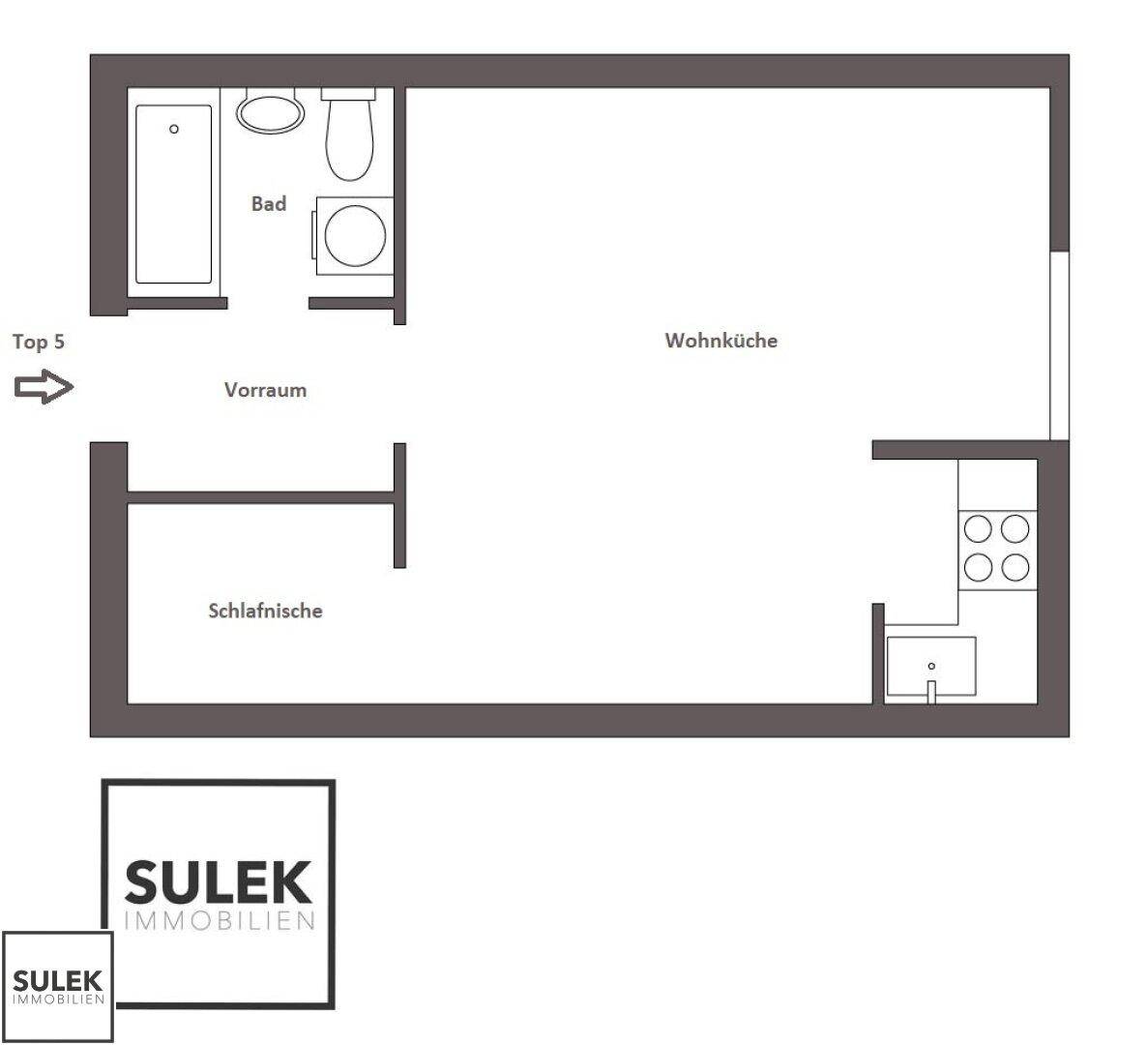 Grundriss der Wohnung Top 5 mit Wohnküche, Schlafzimmer und Bad.