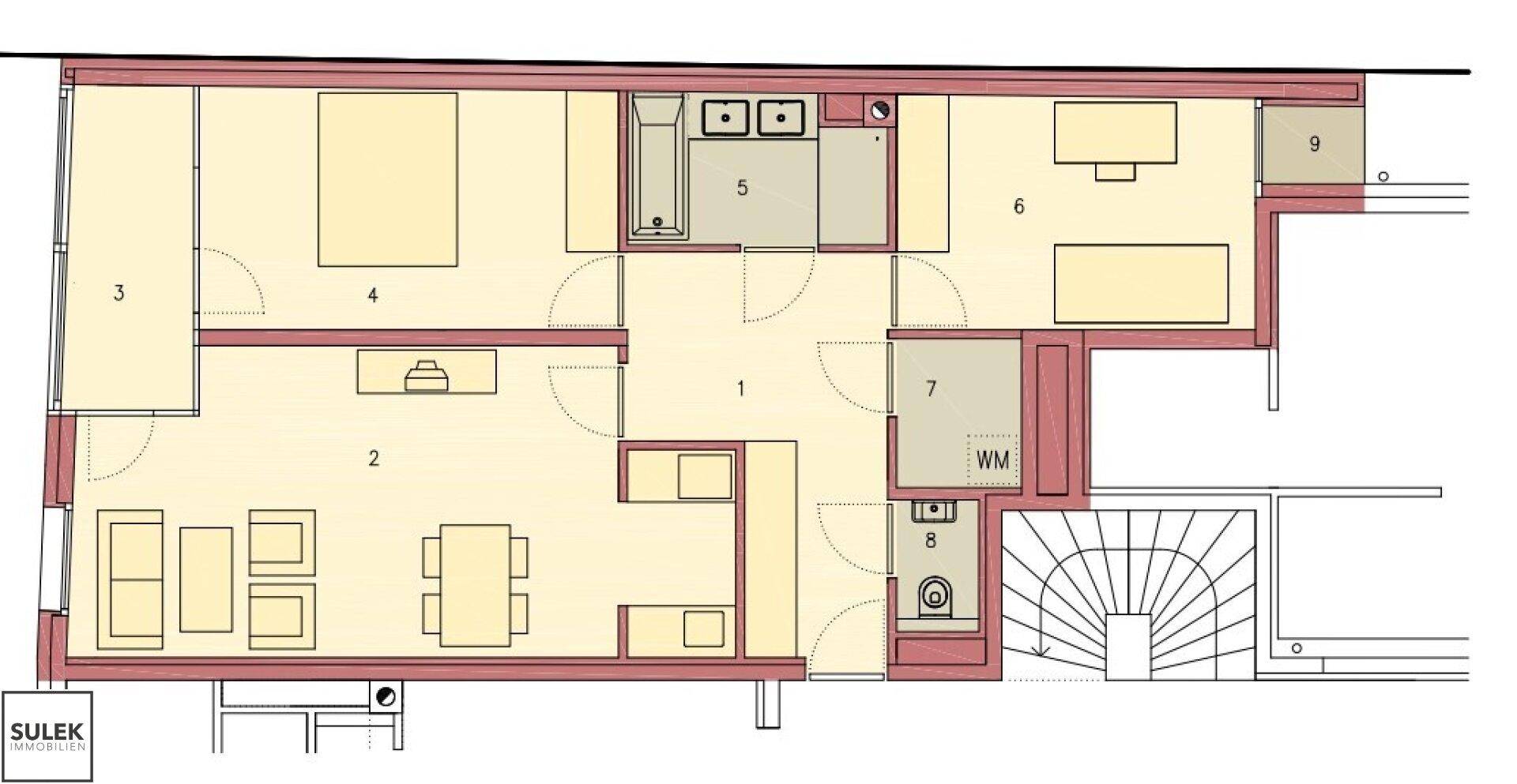 Detaillierter Grundriss einer Wohnung mit mehreren Zimmern, Küche und Bädern.