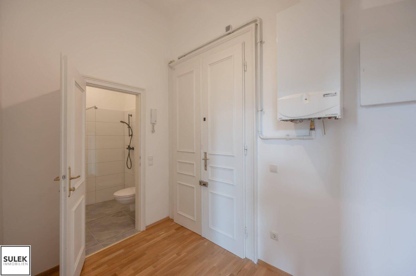Eingangsbereich mit Holzboden, einer Heiztherme an der Wand und Zugang zu einem Badezimmer.
