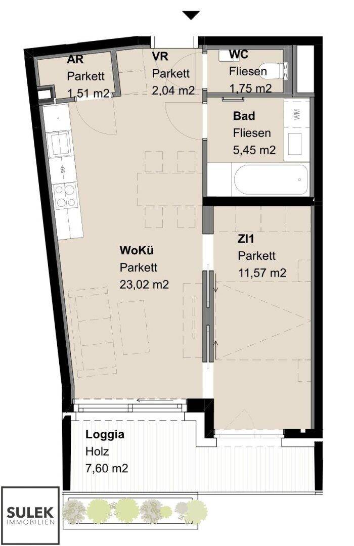 Grundriss einer Wohnung mit Wohnküche, Zimmer, Bad, WC und Loggia.