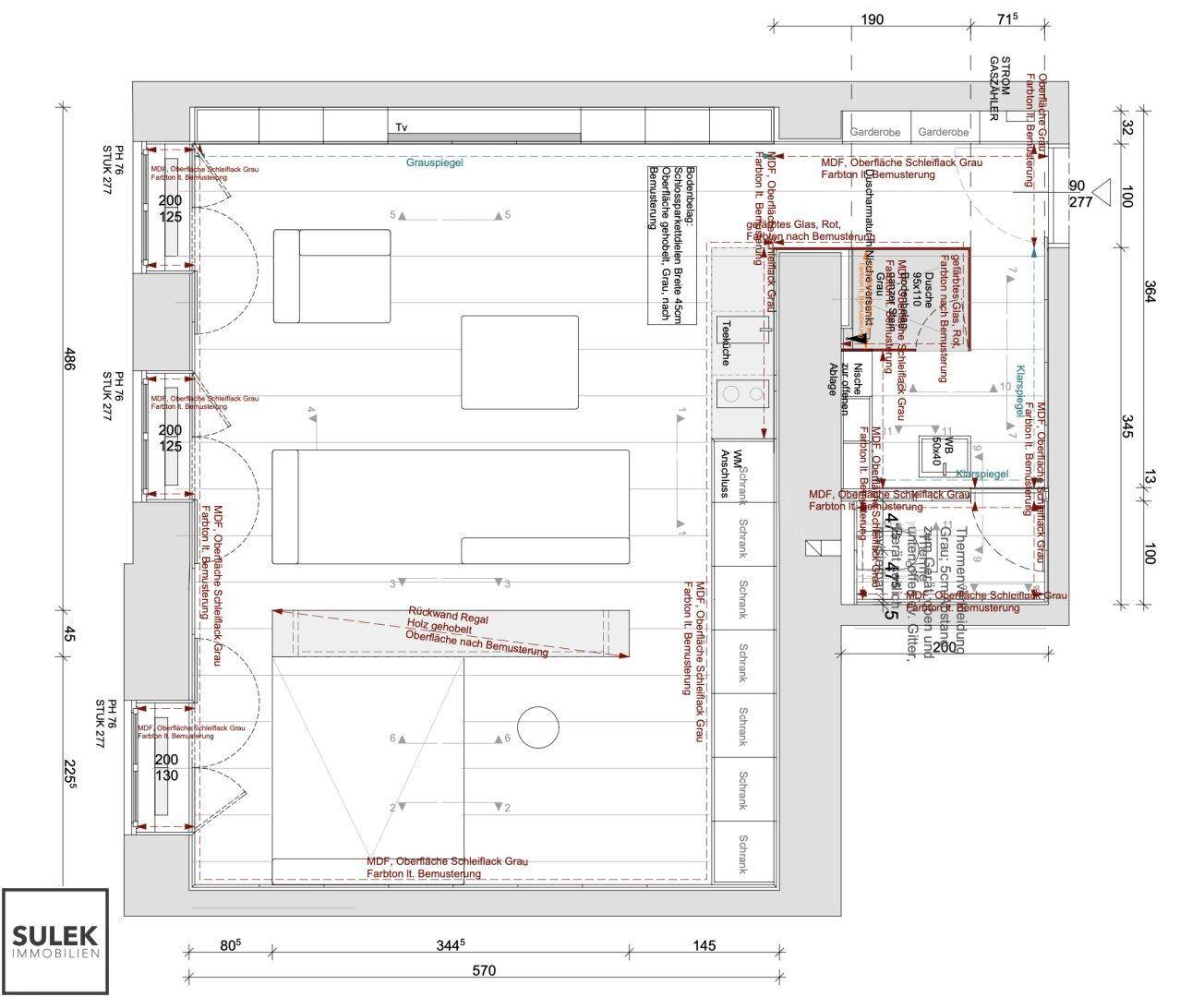 Detaillierter Grundriss der Wohnung mit Raumaufteilung und Bemaßungen.