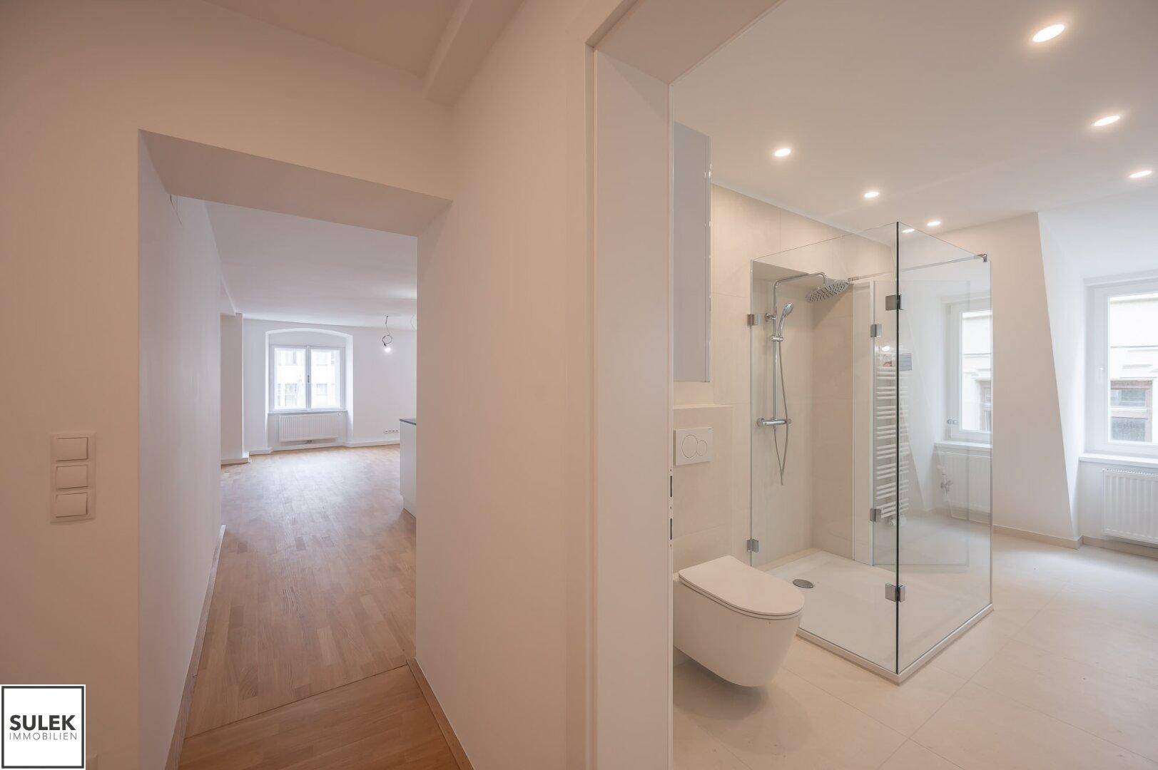 Modernes Badezimmer mit begehbarer Dusche und Wand-WC, offen zum Wohnbereich.