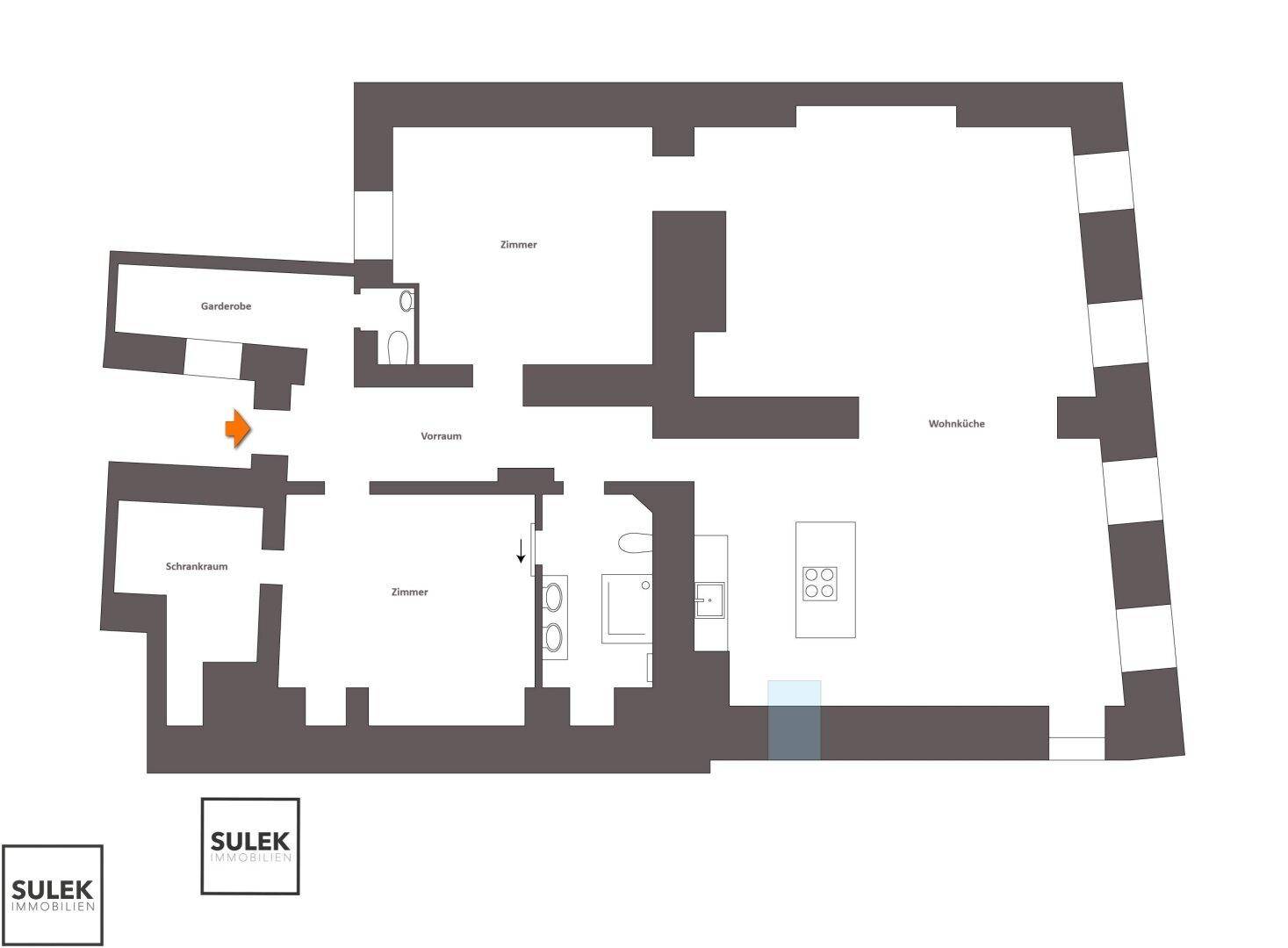 Grundriss einer Wohnung mit Garderobe, zwei Zimmern, Vorraum und Wohnküche.