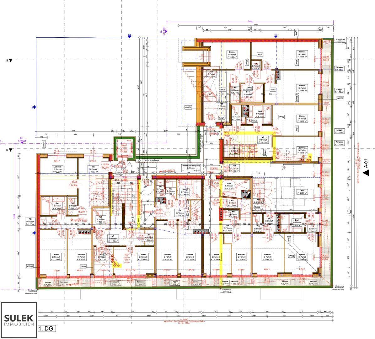 Detaillierter Grundriss des ersten Obergeschosses mit mehreren Wohneinheiten und Balkonen.