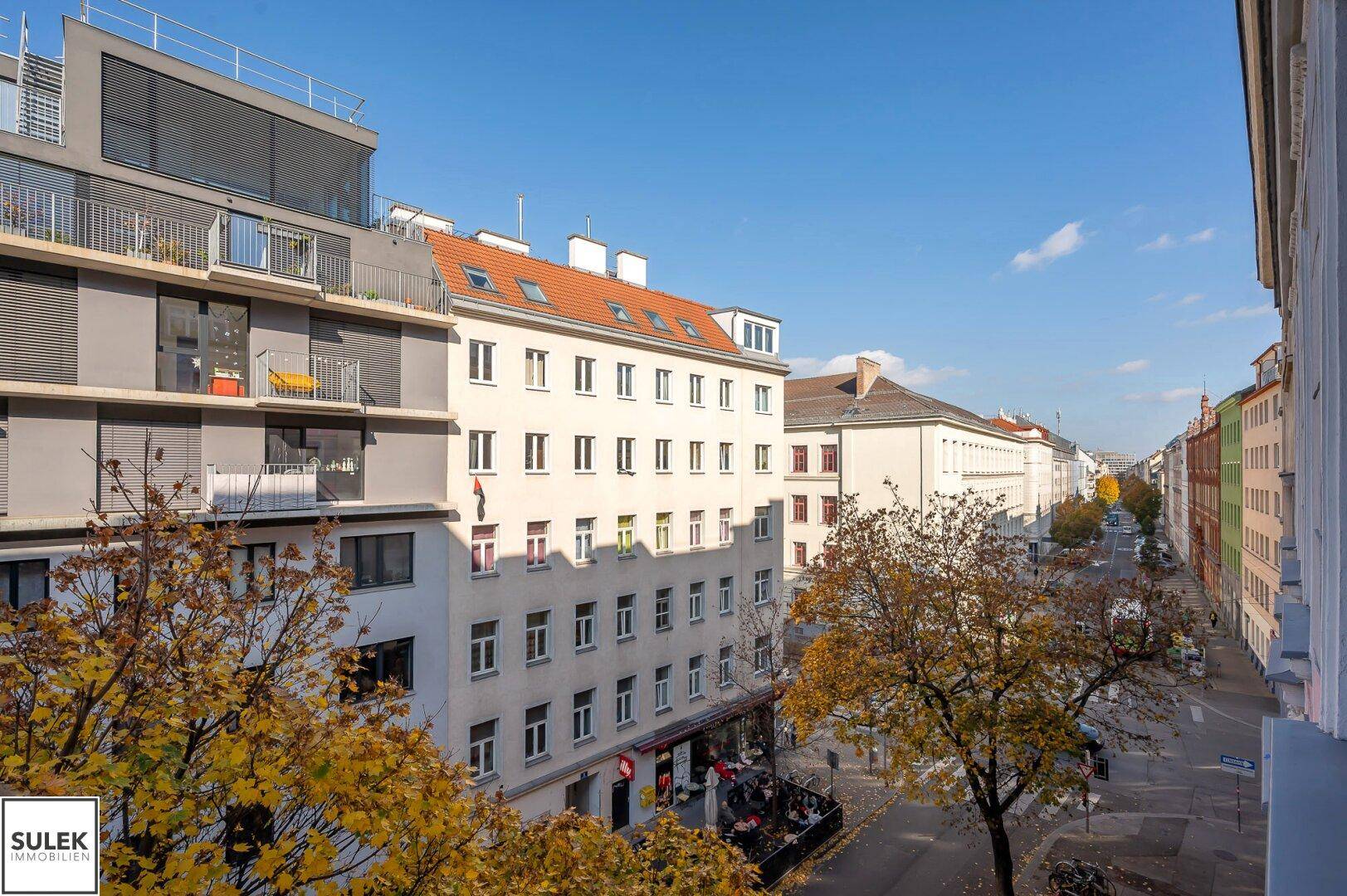 Panoramablick auf die Stadtstraße mit verschiedenen Gebäudetypen und Herbstlaub.