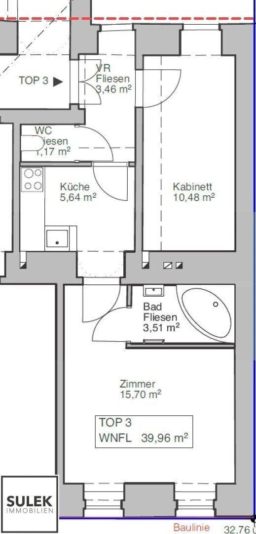 Grundriss der Wohnung TOP 3 mit Küche, Bad, WC und einem Zimmer.