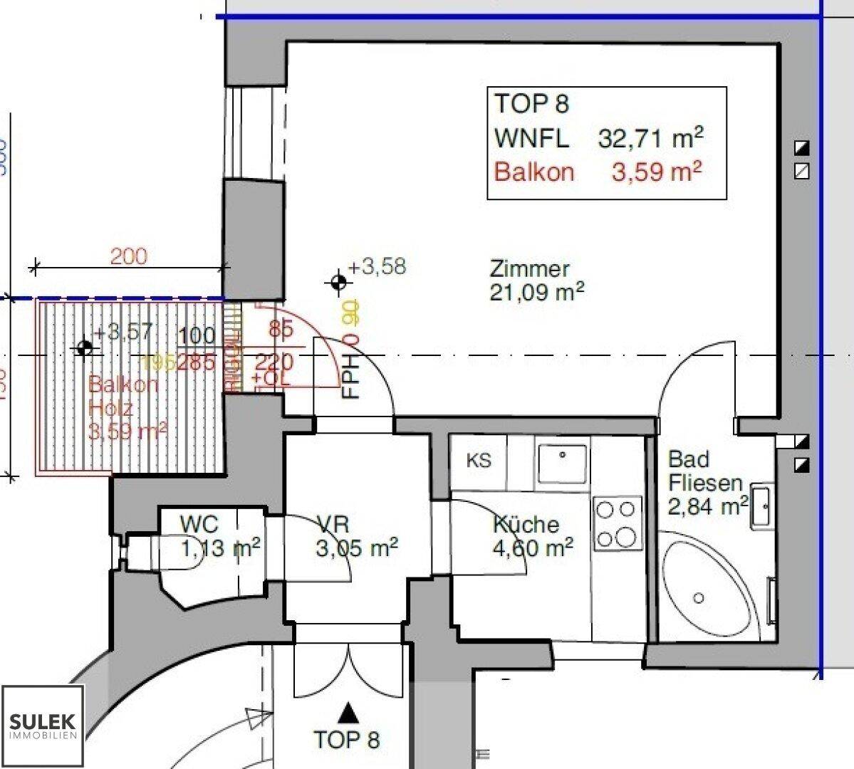 Grundriss der Wohnung TOP 8 mit Balkon, Küche, Bad und separatem WC.