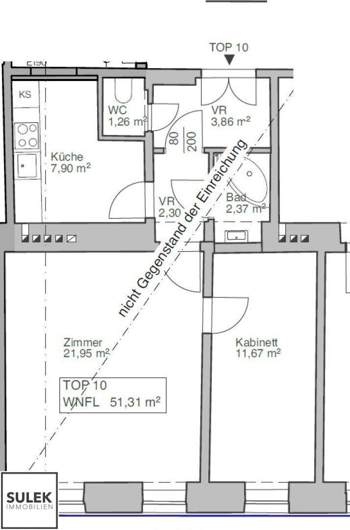 Grundriss der Wohnung TOP 10 mit Küche, Bad, WC und zwei Zimmern.