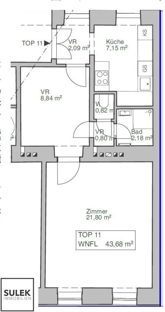 Grundriss der Wohnung TOP 11 mit Küche, Bad, WC und einem großen Zimmer.