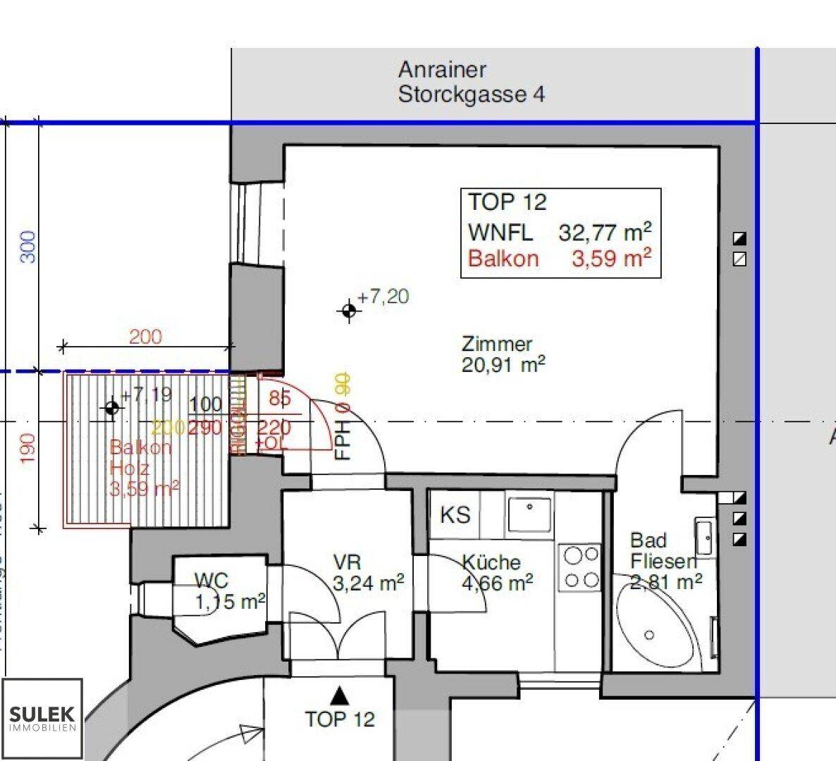 Grundriss der Wohnung TOP 12 mit Balkon, Küche, Bad und separatem WC.