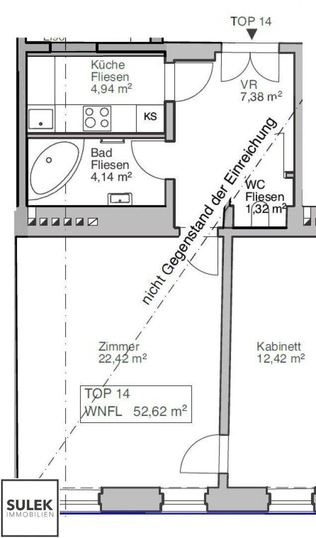 Grundriss der Wohnung TOP 14 mit Küche, Bad, WC und zwei Zimmern.