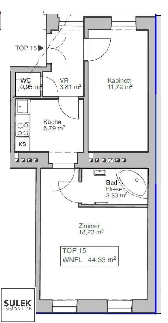 Grundriss der Wohnung TOP 15 mit Küche, Bad, WC und zwei Zimmern.