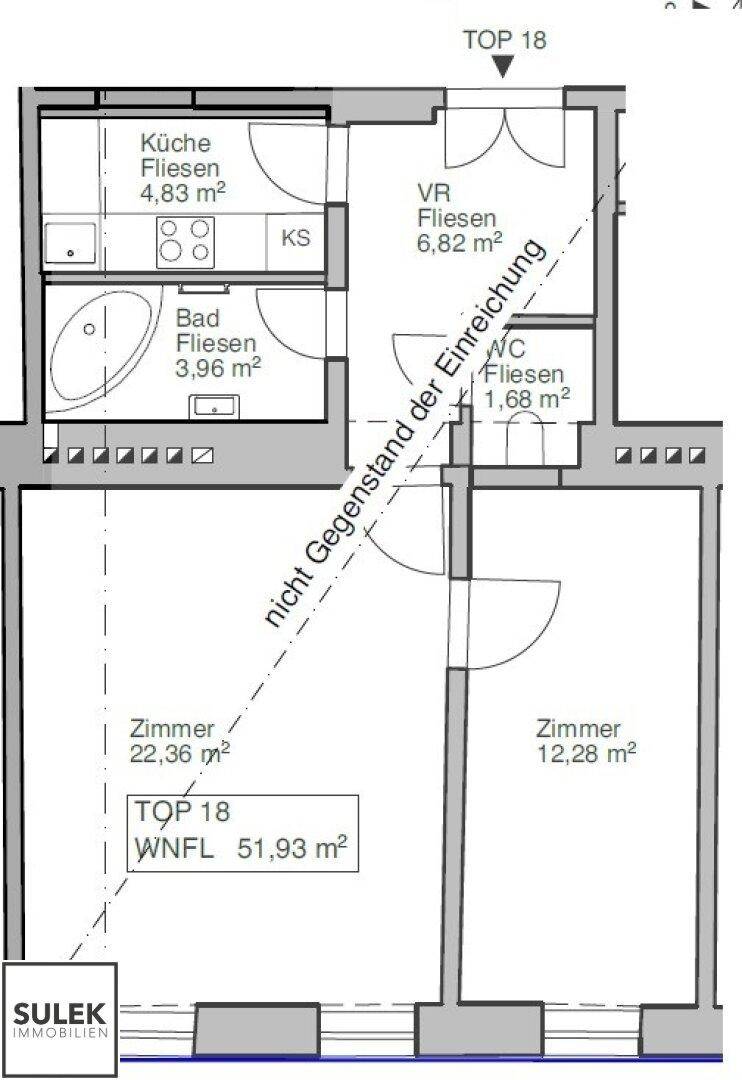 Grundriss der Wohnung TOP 18 mit Küche, Bad, WC und zwei Zimmern.