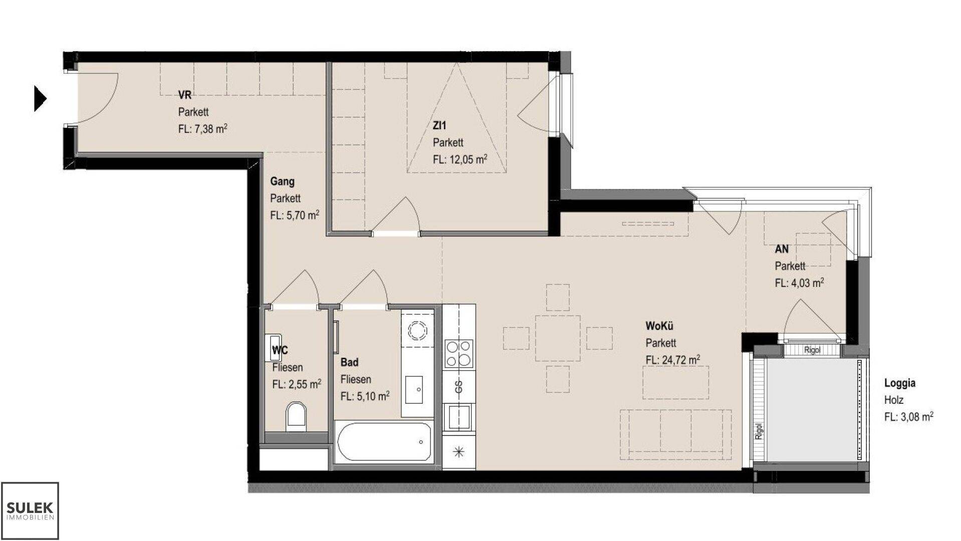 Detaillierter Grundriss einer Wohnung mit offenem Wohn-Essbereich, Loggia und separatem WC.