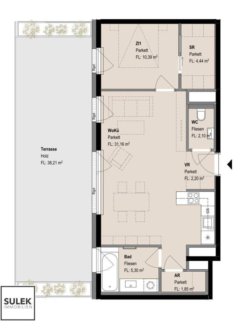 Detaillierter Grundriss einer Wohnung mit Terrasse, Bad, separatem WC und offenem Wohnbereich.
