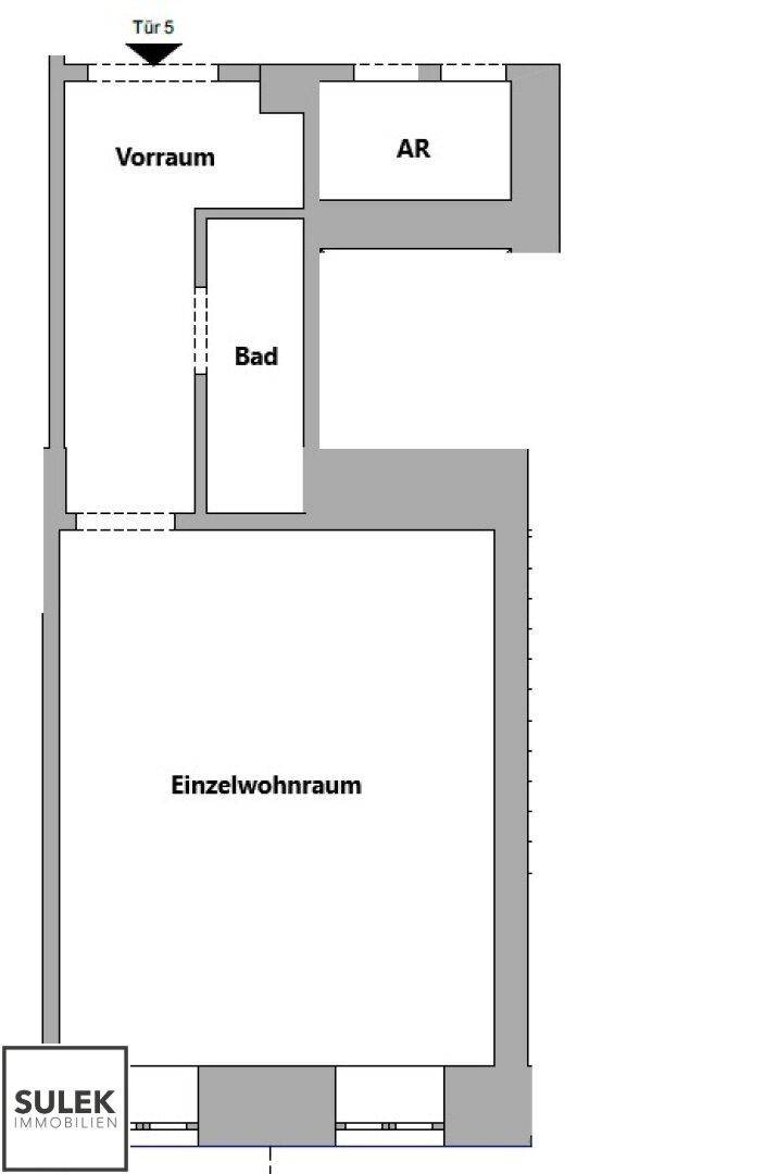Grundriss einer Wohnung mit Vorraum, Bad und einem großen Einzelwohnraum.