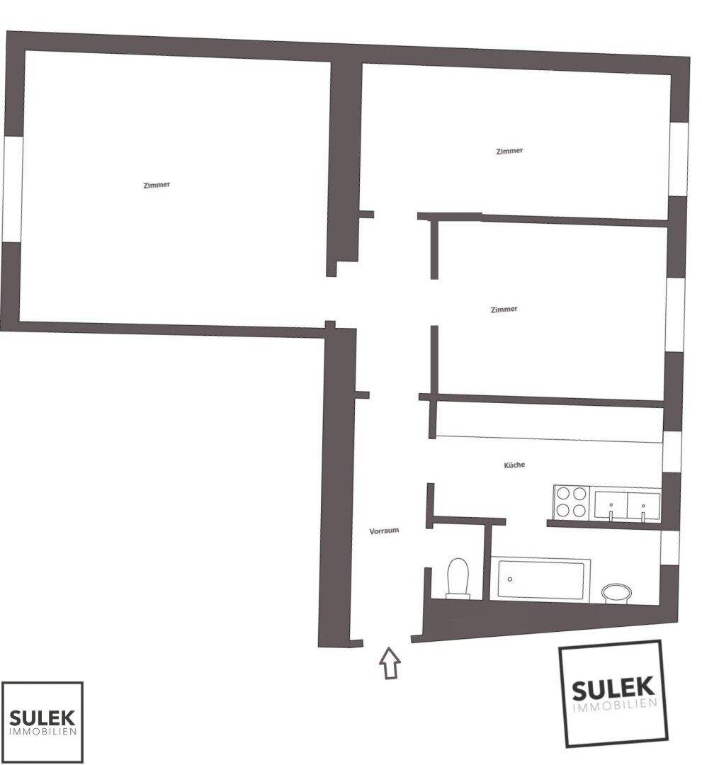 Grundriss einer Wohnung mit drei Zimmern, Küche und Bad, inklusive separatem WC.
