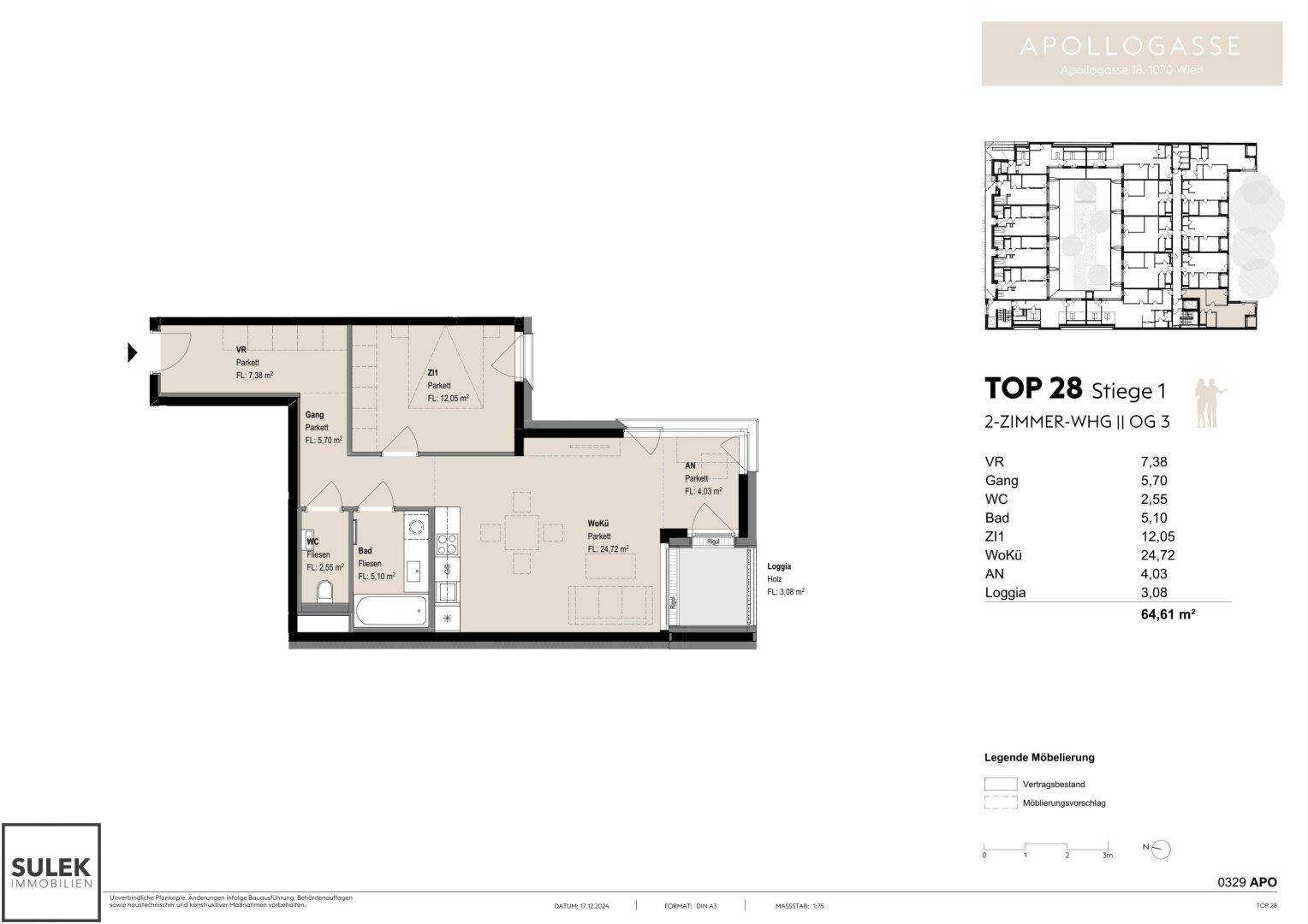 Übersichtlicher Grundriss einer Wohnung mit Loggia und integriertem Gebäudeplan im Kontext.