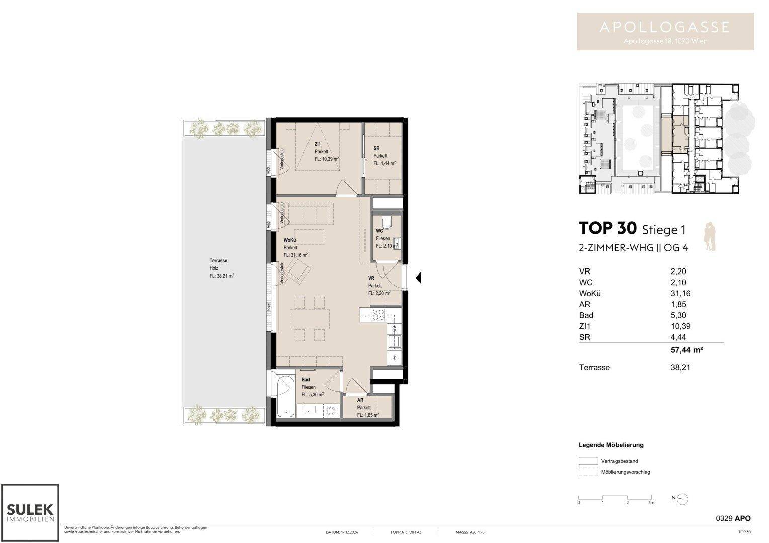 Gesamtübersicht des Grundrisses einer 2-Zimmer-Wohnung mit Terrasse und klarer Raumaufteilung.