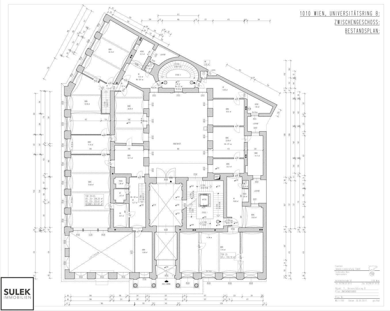 Detaillierter Grundriss des Zwischengeschosses mit verschiedenen Räumen und Abmessungen.