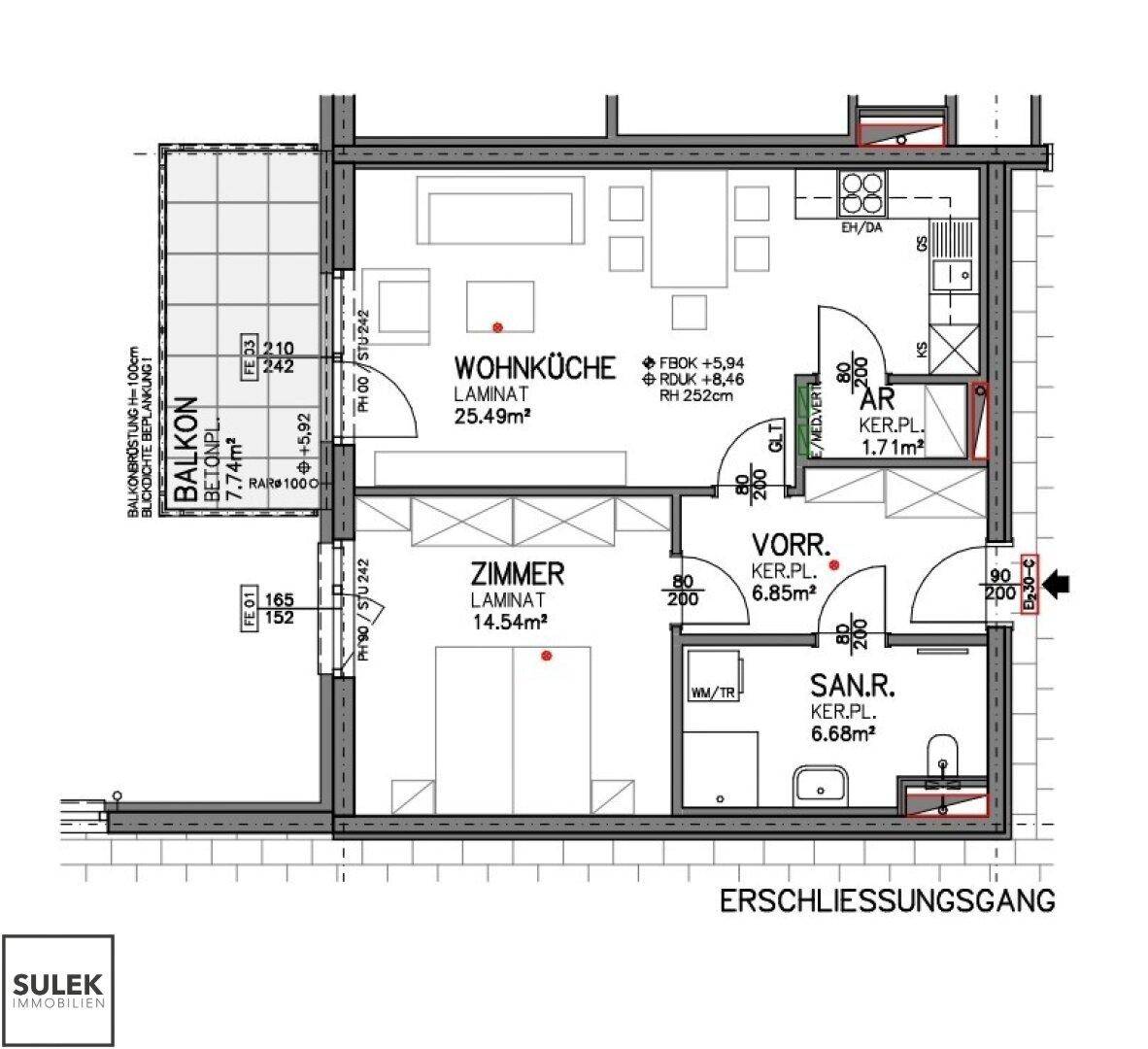 Detaillierter Grundriss einer Wohnung mit Wohnküche, Schlafzimmer, Bad und Balkon.