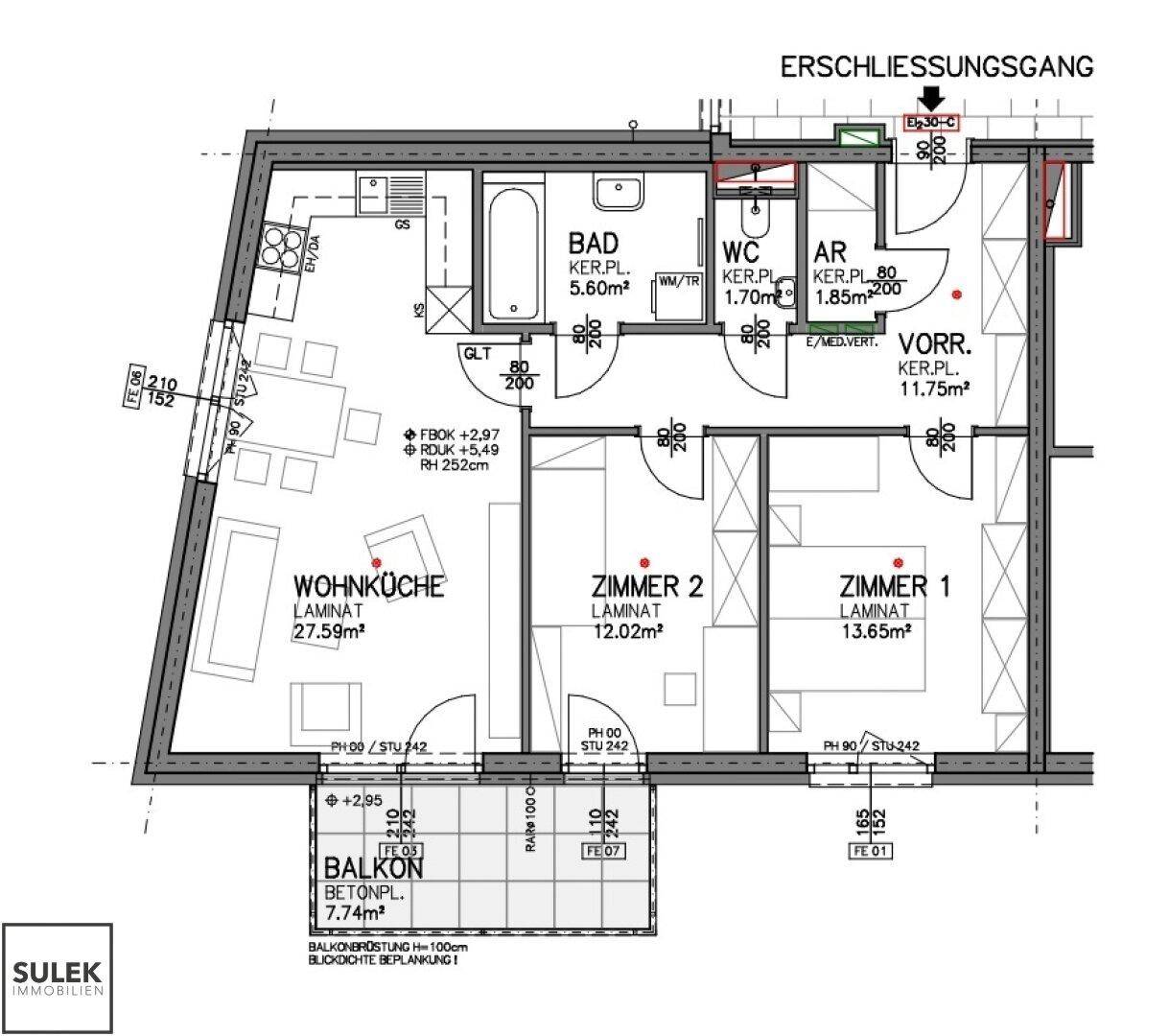 Detaillierter Grundriss der Wohnung mit Wohnküche, zwei Zimmern, Bad und Balkon.