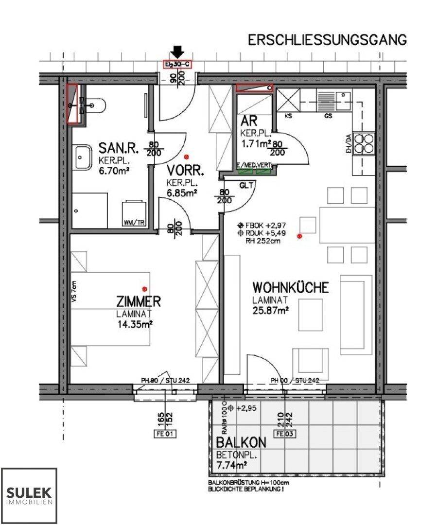 Grundriss einer Wohnung mit Wohnküche, Zimmer, Bad und Balkon.