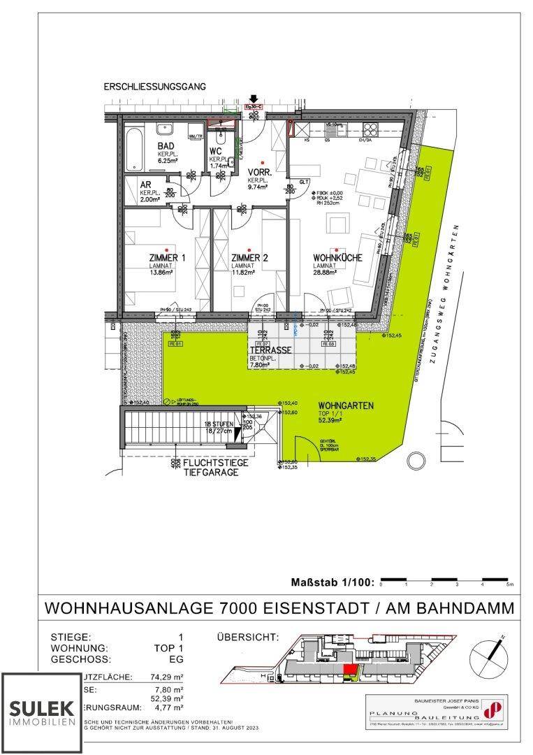 Grundriss einer Erdgeschosswohnung mit zwei Zimmern, Wohnküche, Terrasse und Wohngarten.